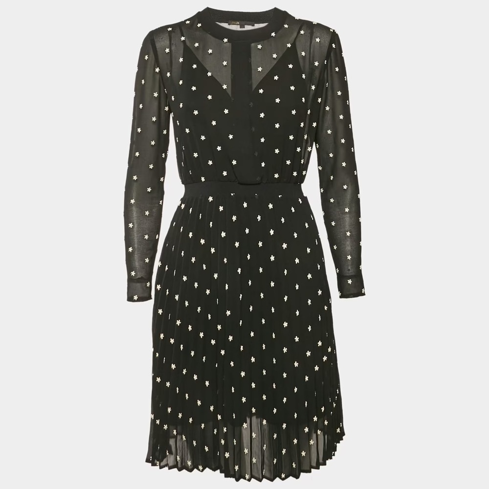 Maje Black Floral Embroidery Georgette Pleated Rivola Short Dress size 3/large